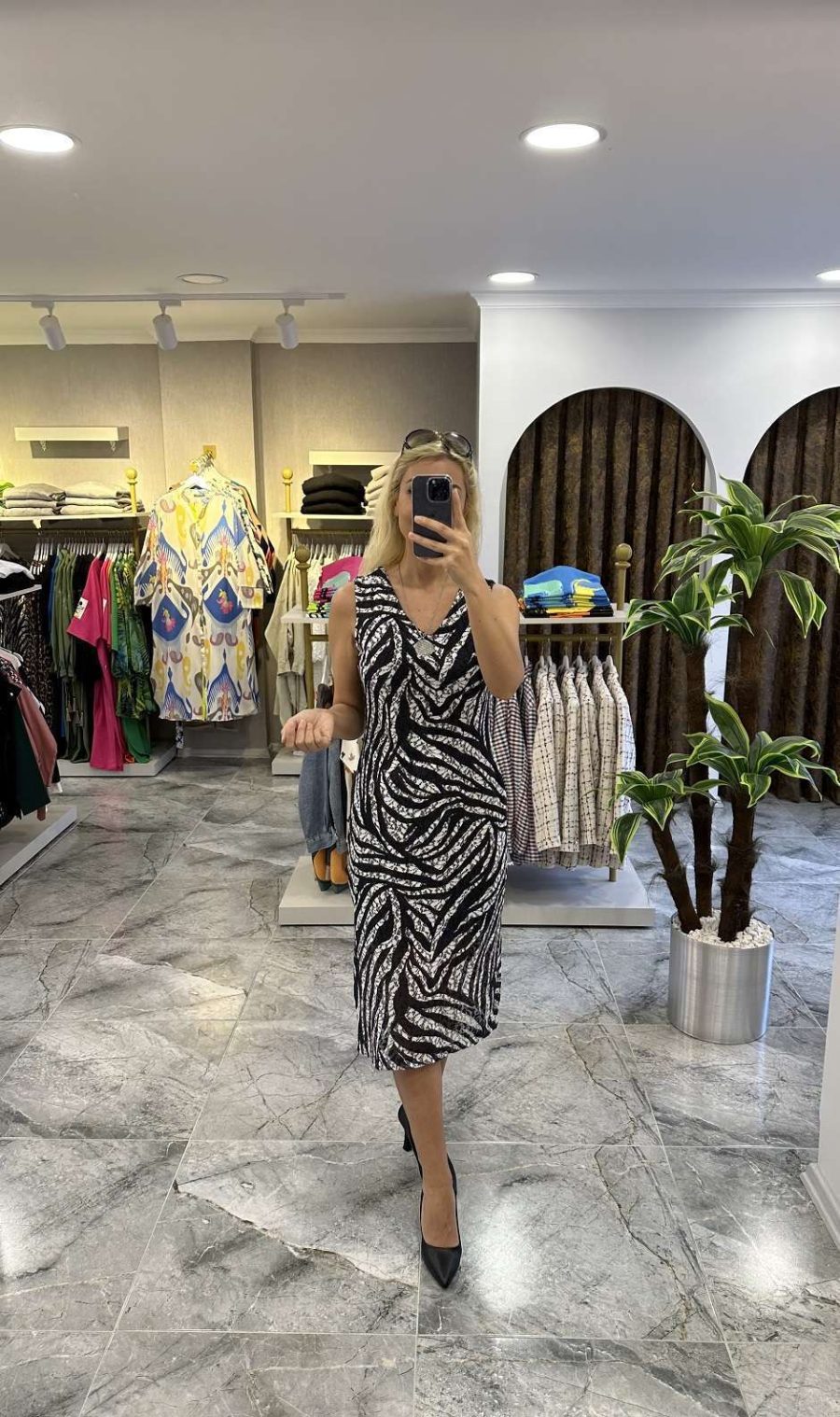 Dantel Kumaş Zebra Desen Kalem Elbise