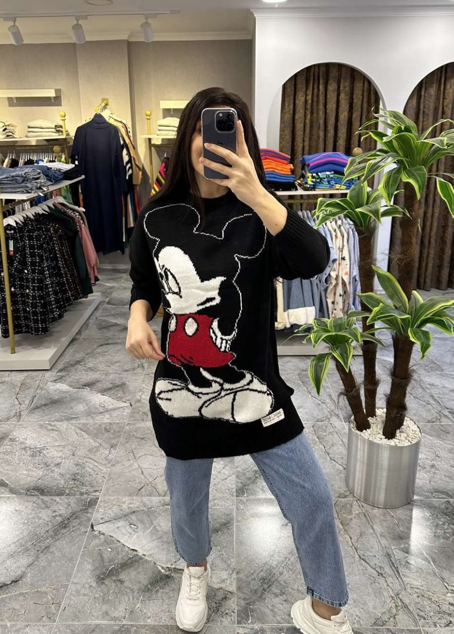 Mickey Desen Triko Tunik Kazak Siyah