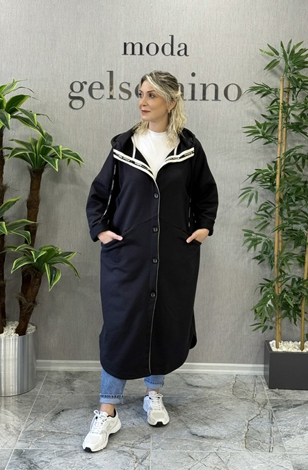 Kapüşonlu 3 İplik Oversize Düğmeli Trenç-Kap Siyah