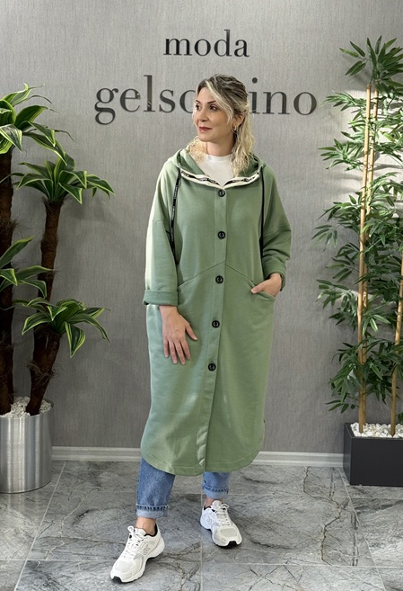 Kapüşonlu 3 İplik Oversize Düğmeli Trenç-Kap Mint Yeşili