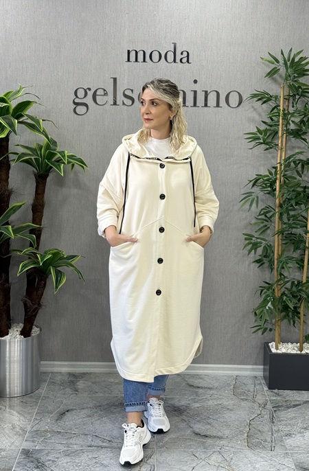 Kapüşonlu 3 İplik Oversize Düğmeli Trenç-Kap Krem