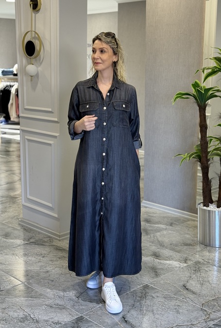 Tensel Denim Kumaş Gömlek Elbise Koyu Mavi-Füme